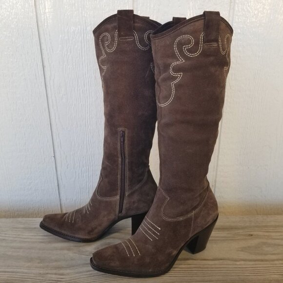 Via Spiga Shoes - Via Spiga Womens Brown Suede Leather Stacked Heel Boots 7 M Brazil